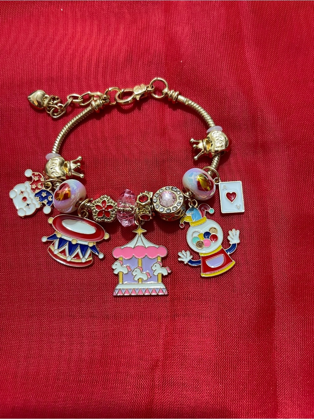 Gold-Tone Carnival Charm Bracelet with Pink & Red Enamel